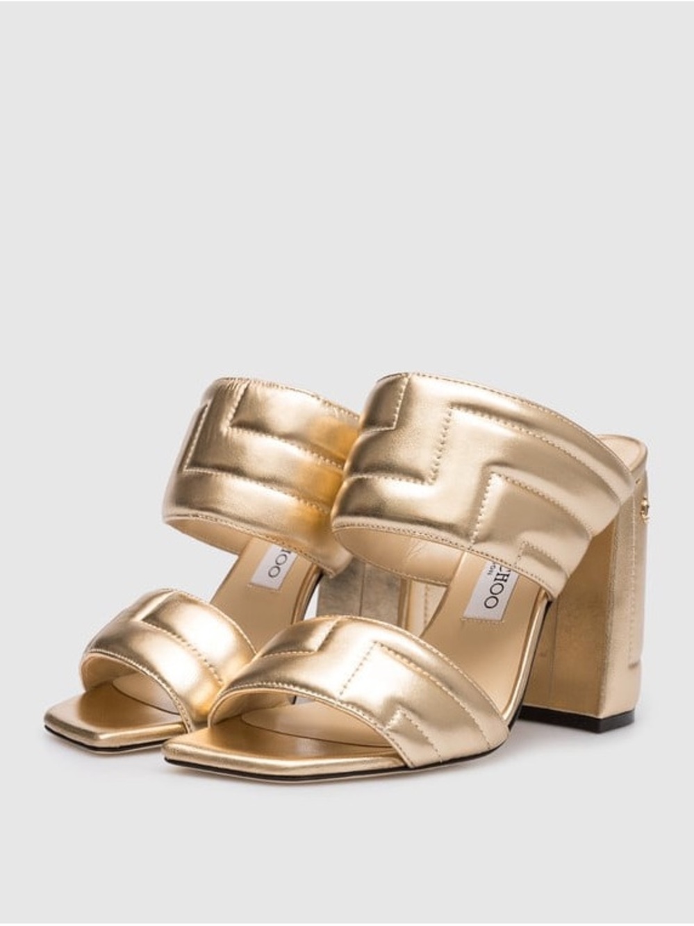 JIMMY CHOO Gold Quilted Block Heel Slide Sandals